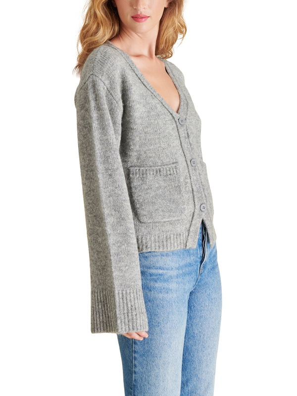 Odelia Flare Sleeve Metallic Knit Buttoned Cardi Grey