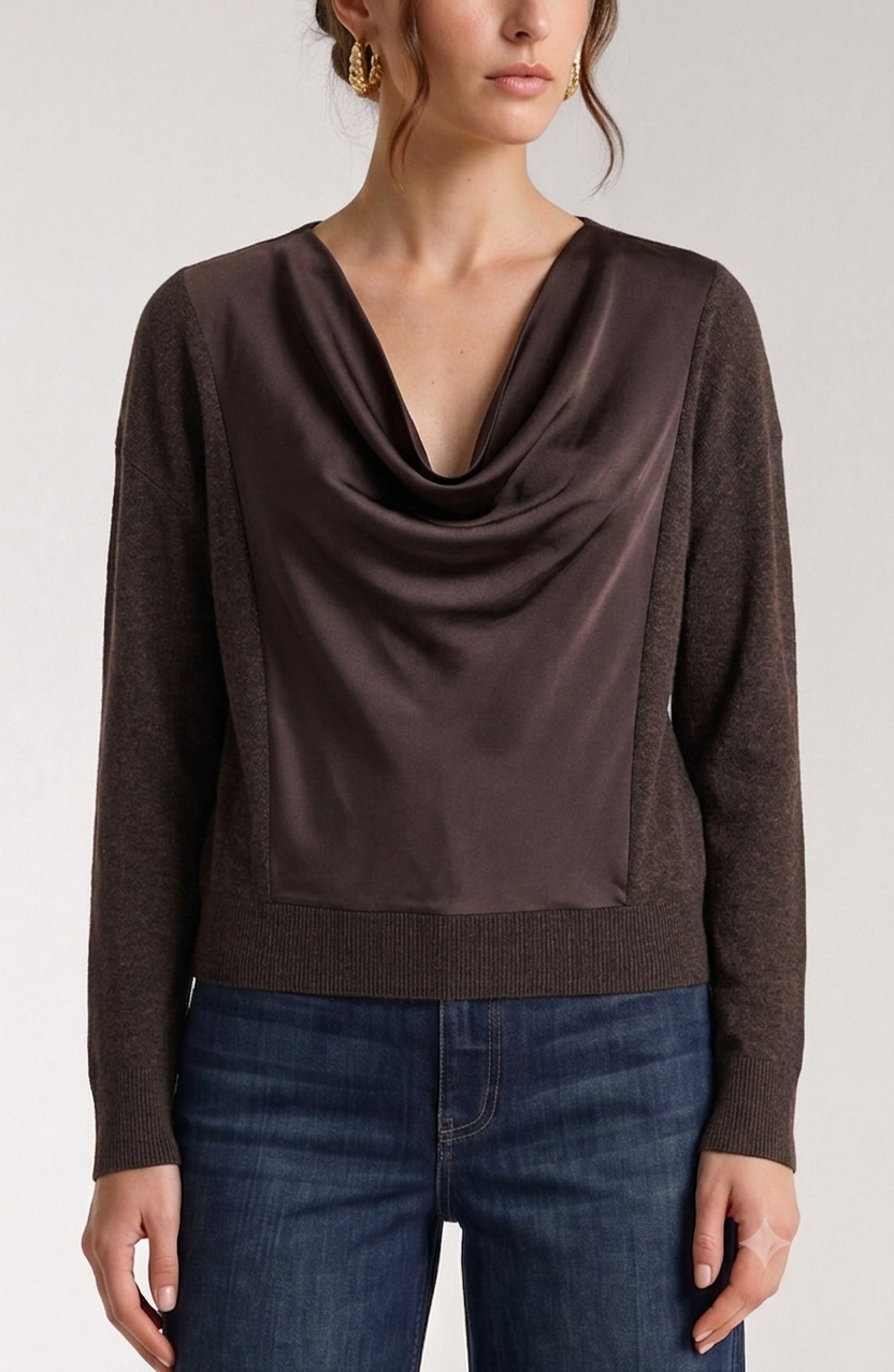Long Sleeve Satin Drape Neck Woven Back Top Java Melange