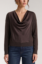 Long Sleeve Satin Drape Neck Woven Back Top Java Melange