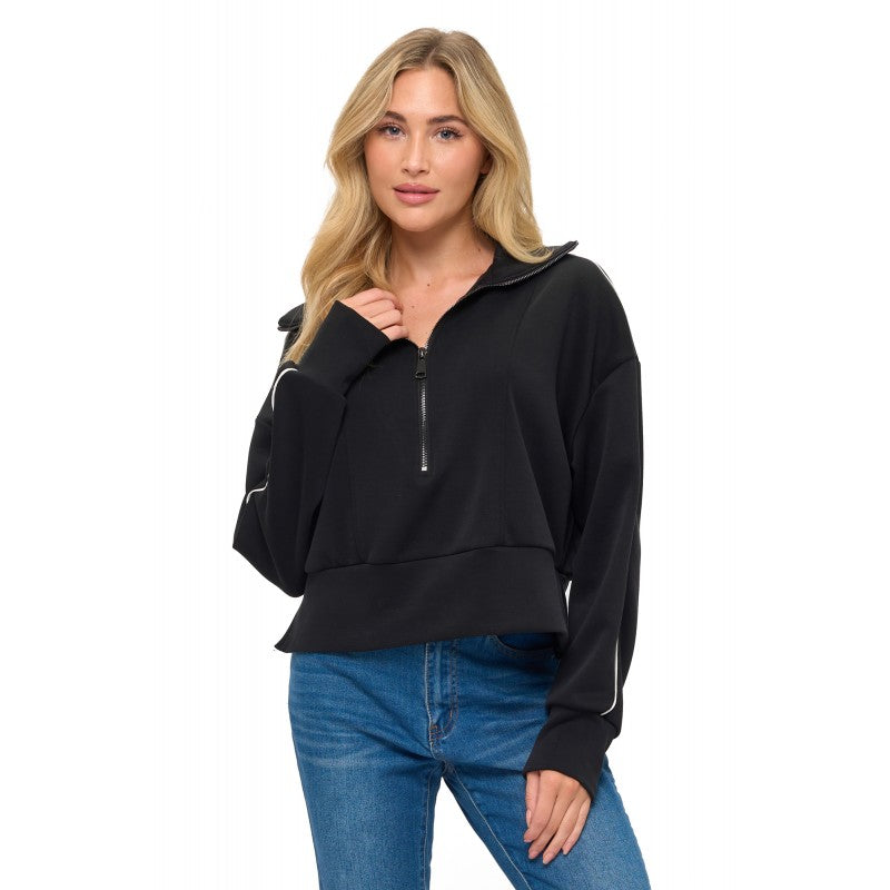 Zipper Detail Scuba Top W/Piping Black