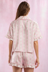 Stripe Floral Satin PJ Set Pink + White