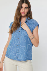 Floral Chambray Cap Sleeve Button Down Shirt Floral Chambray