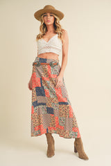 Brayden Patchwork Print Skirt Tan + Orange