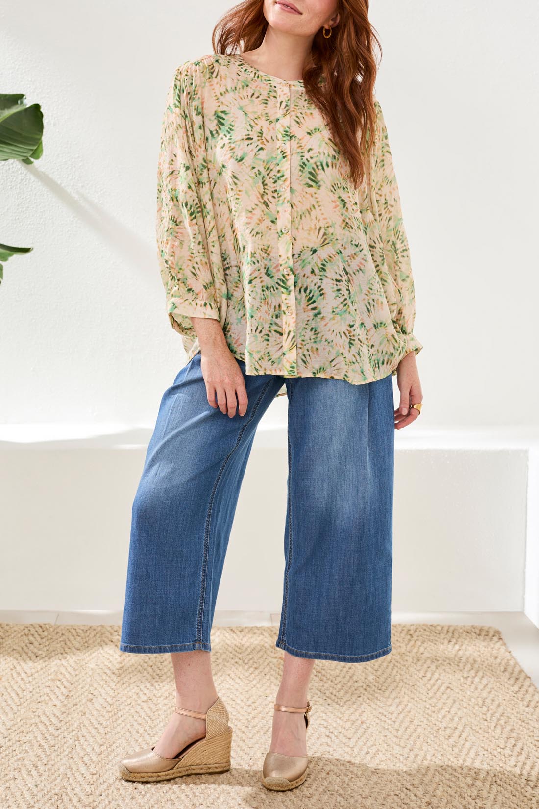 Printed Dolman Sleeve Button Down Blouse Cactus Clay