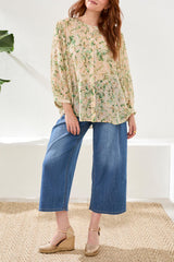 Printed Dolman Sleeve Button Down Blouse Cactus Clay