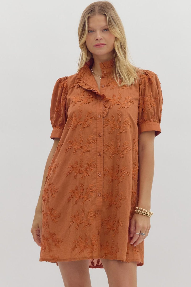 Stitched Floral Applique Button Down Dress Caramel