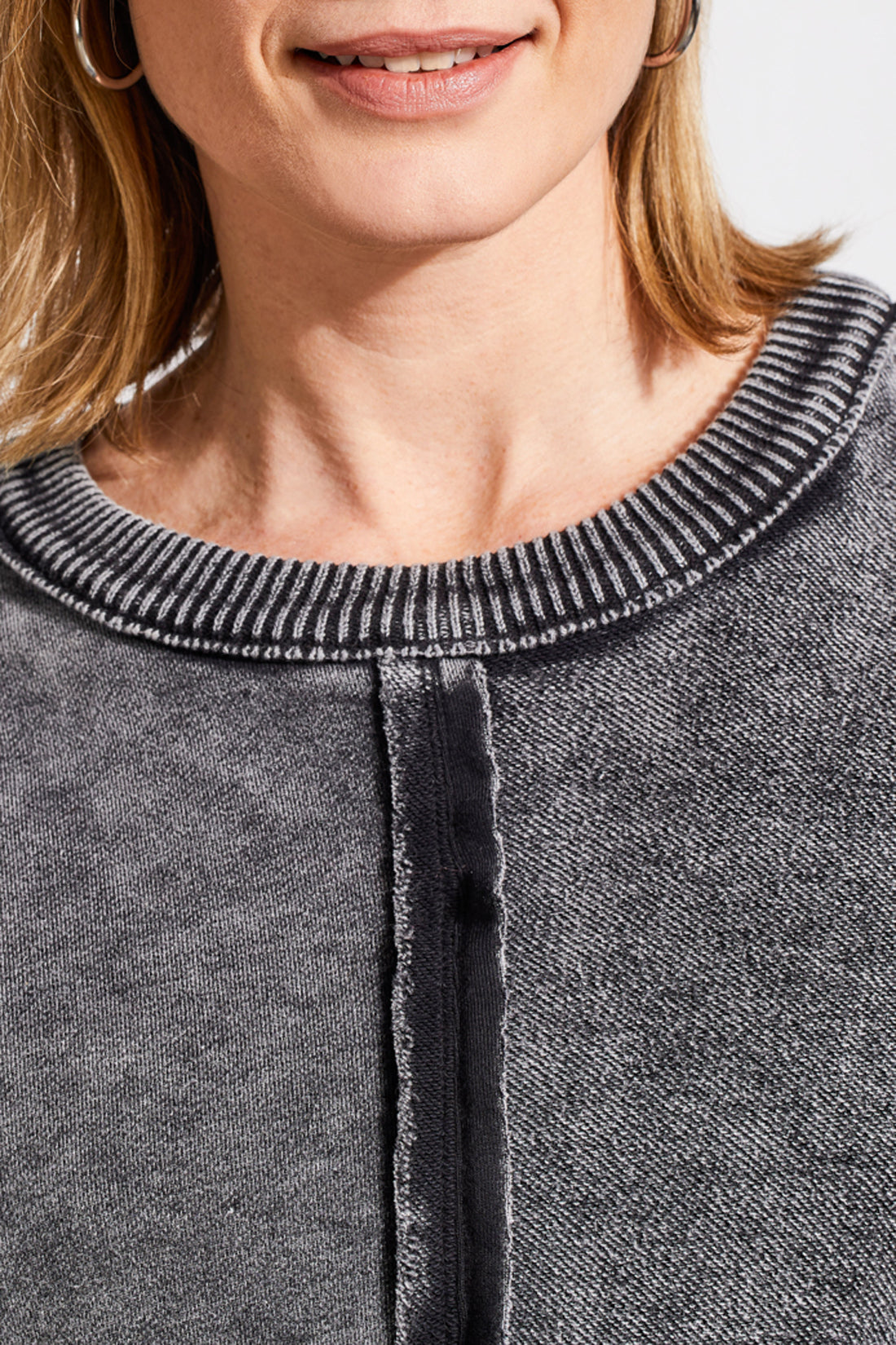 Mix Media Crochet Washed Raglan Pullover Black