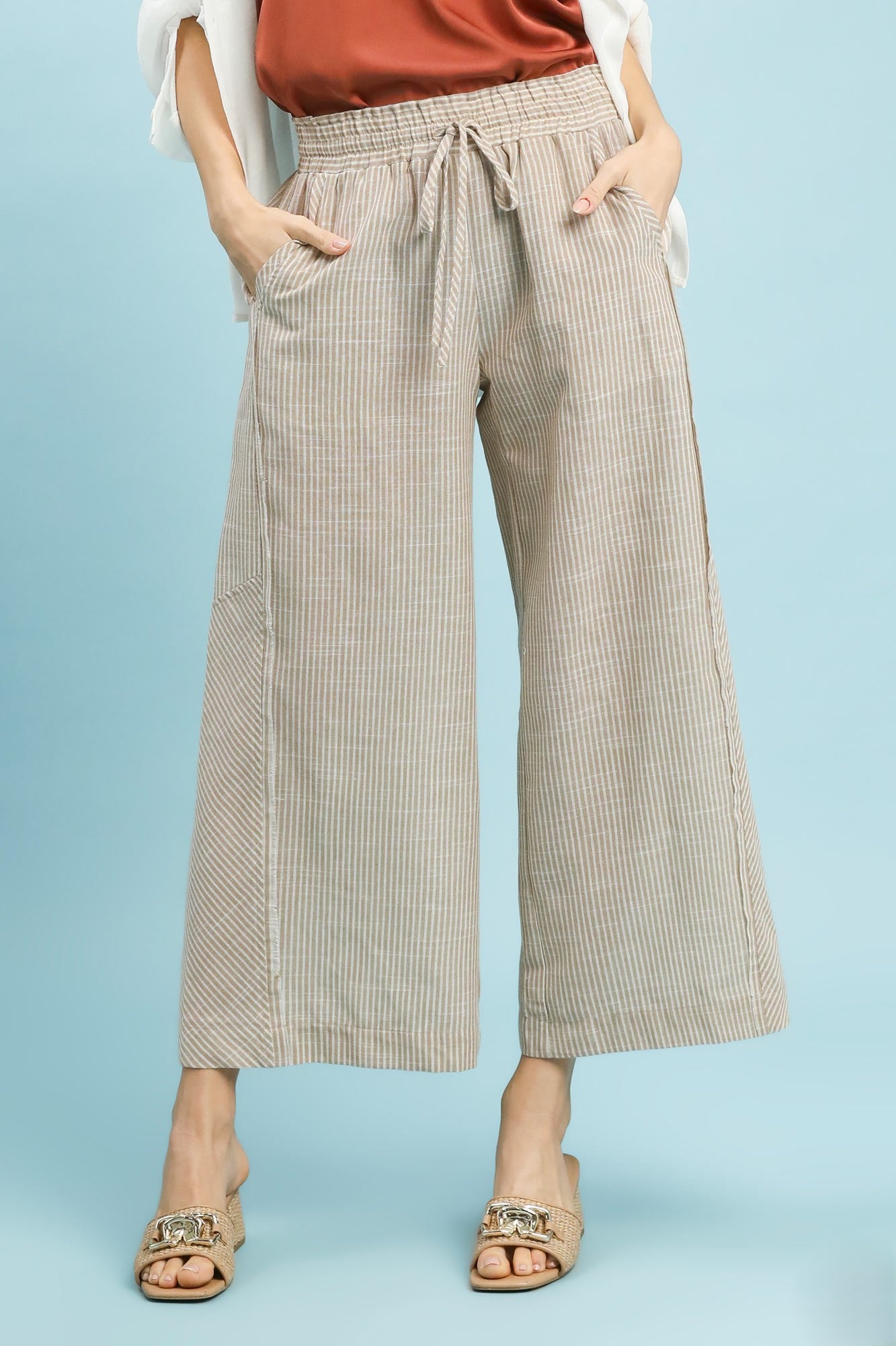 Linen Blend Striped Wide Leg Pants Tan