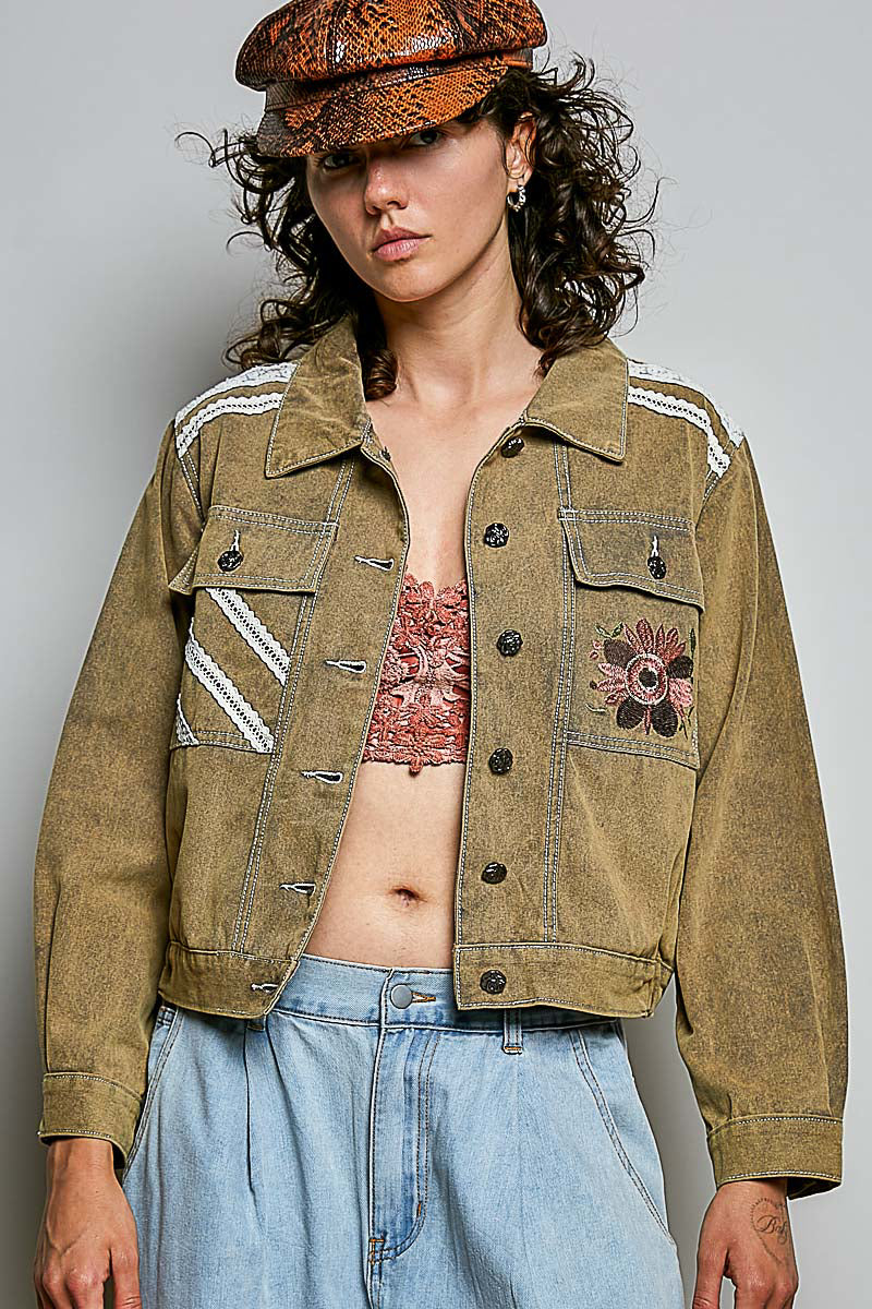 Floral Embroidery Lace Accent Flap Pocket Jacket Charcoal