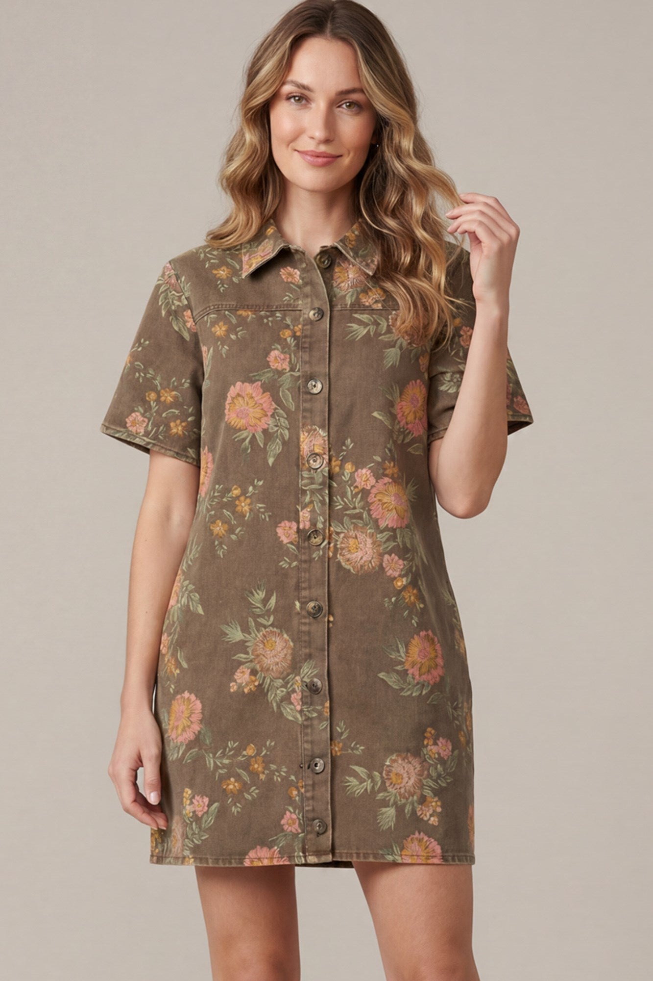 Printed Short Sleeve Button Down Dress Mocha Brown