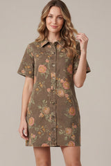 Printed Short Sleeve Button Down Dress Mocha Brown