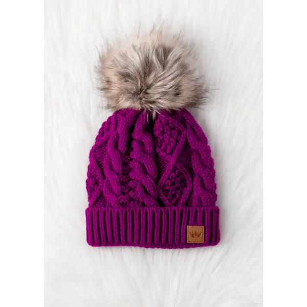 Cable Knit Natural Pom Hat Purple