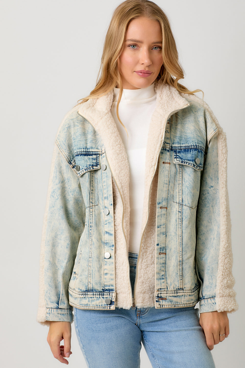 Washed Denim Mixed Zip Sherpa Jacket Cream + Denim