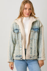 Washed Denim Mixed Zip Sherpa Jacket Cream + Denim