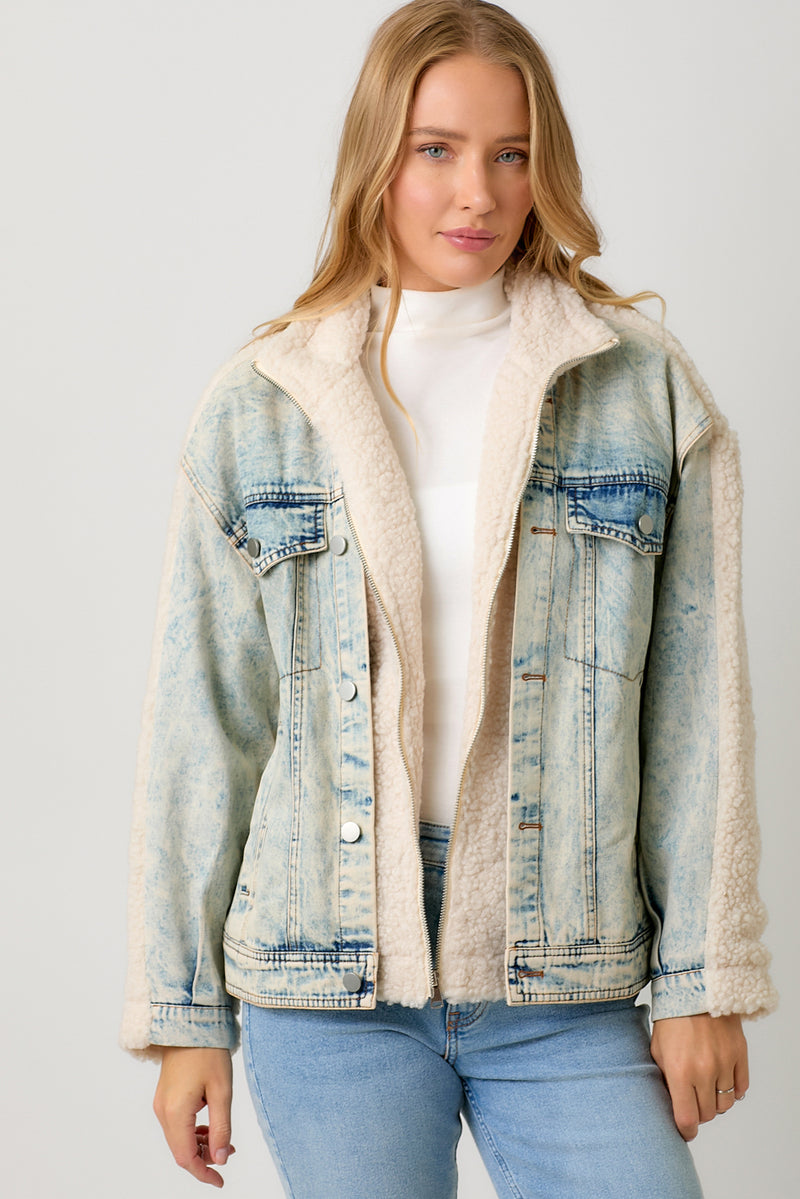 Washed Denim Mixed Zip Sherpa Jacket