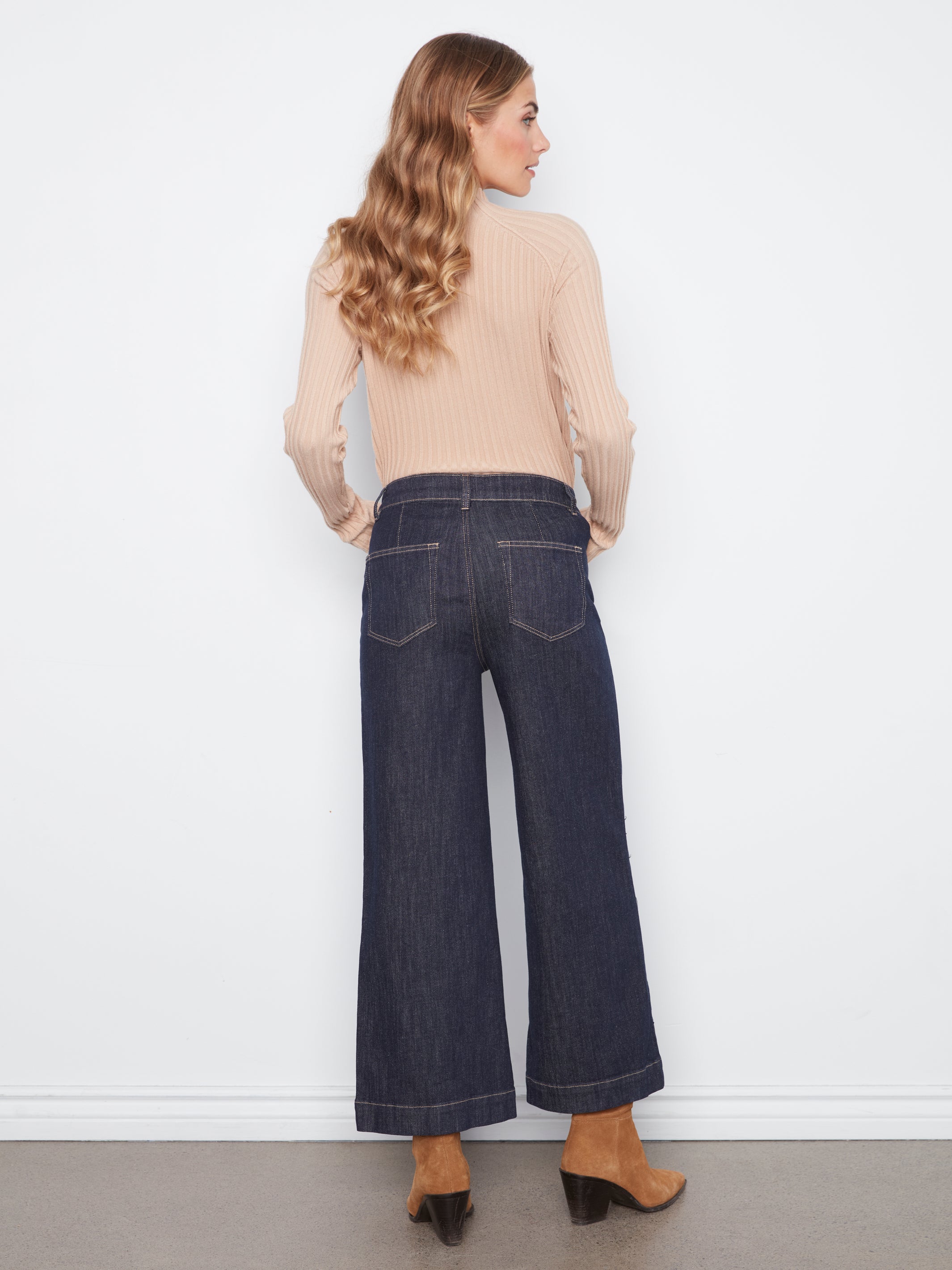 Horsebit Patch Pocket Wide Leg Jeans Deep Blue