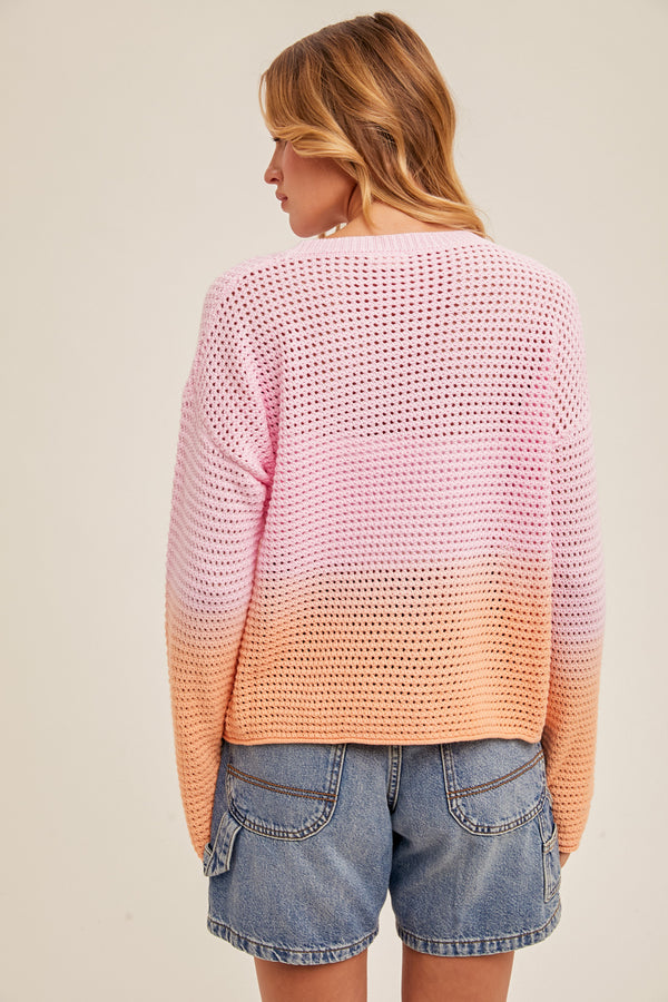 Ombre Open Knit Crew Neck Sweater Pink + Orange