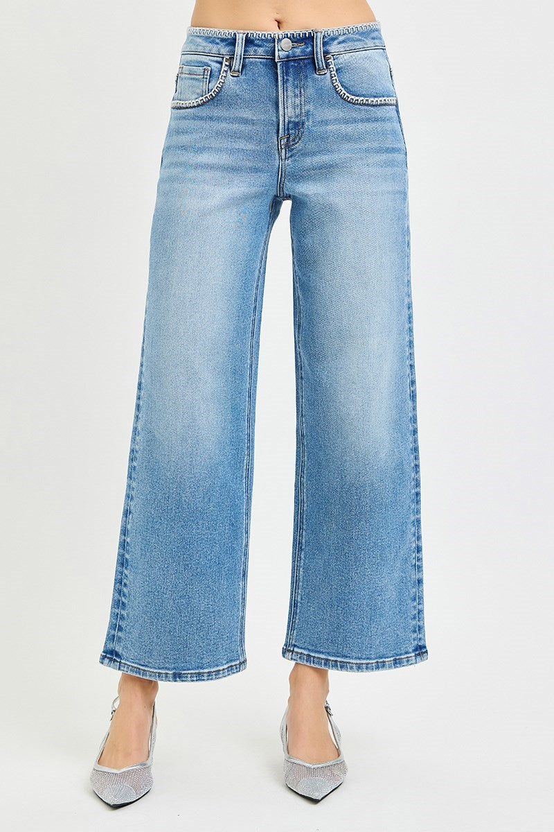 High Rise Crop Wide Jeans With Embroidered Details Medium