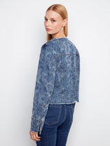 Eyelet Stretch Denim Collarless Jacket Medium Blue