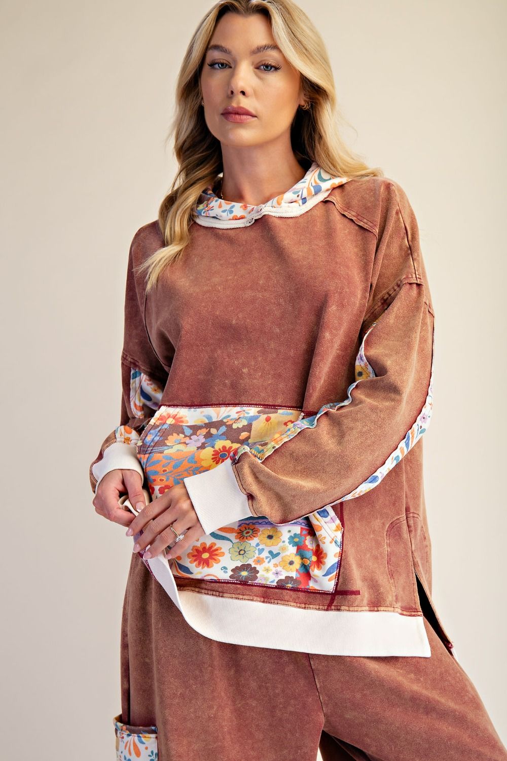Mixed Floral Print Terry Hoodie Brick