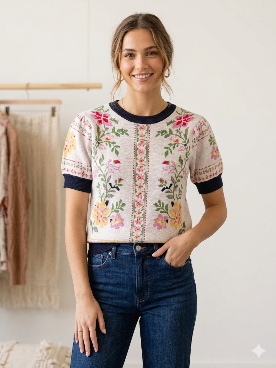 Floral Motif Short Sleeve Sweater Off White Multi