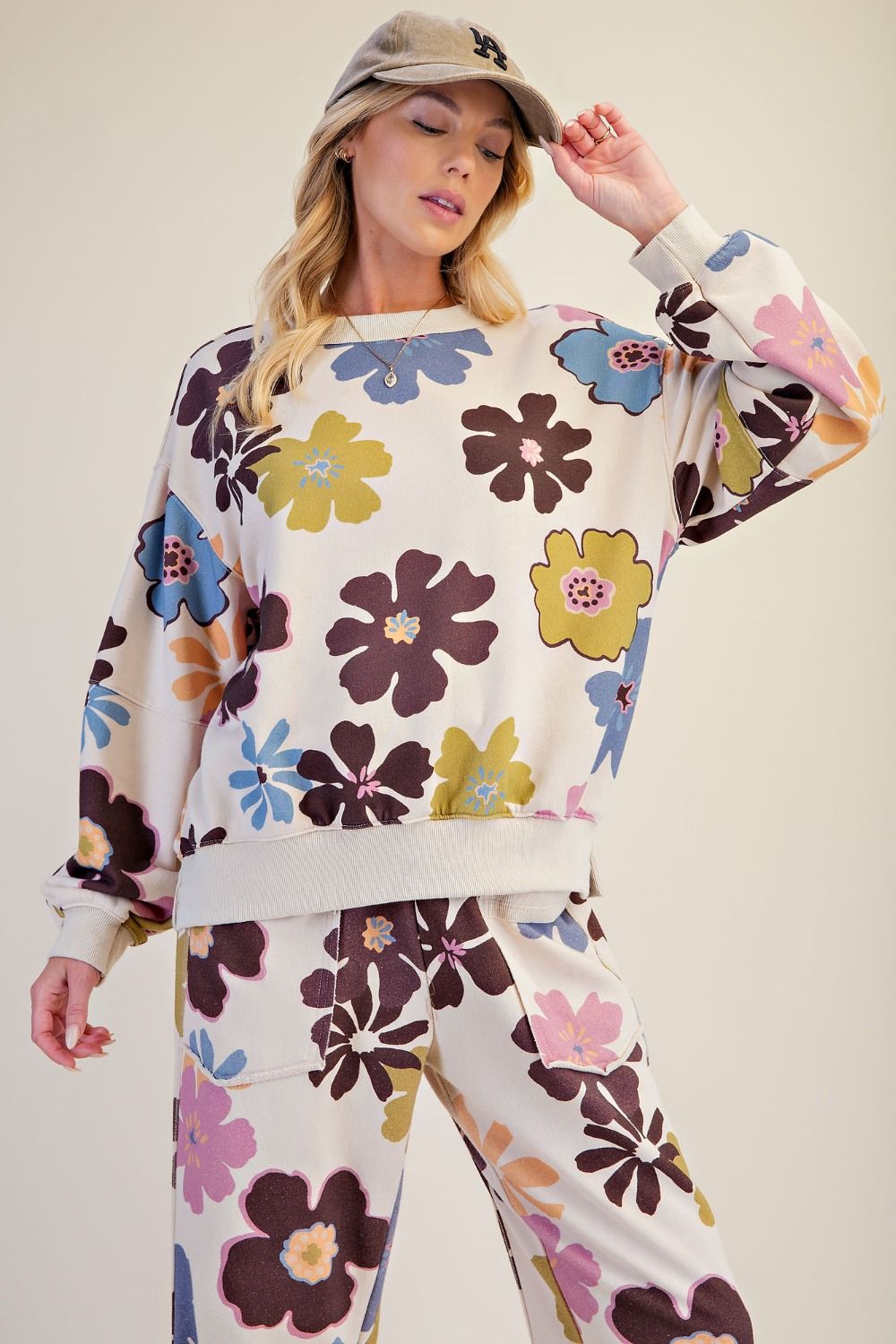 Floral Print Washed Terry Pullover Khaki
