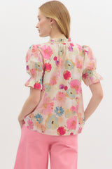 Floral Smocked Short Sleeve Ruffle Top Berry