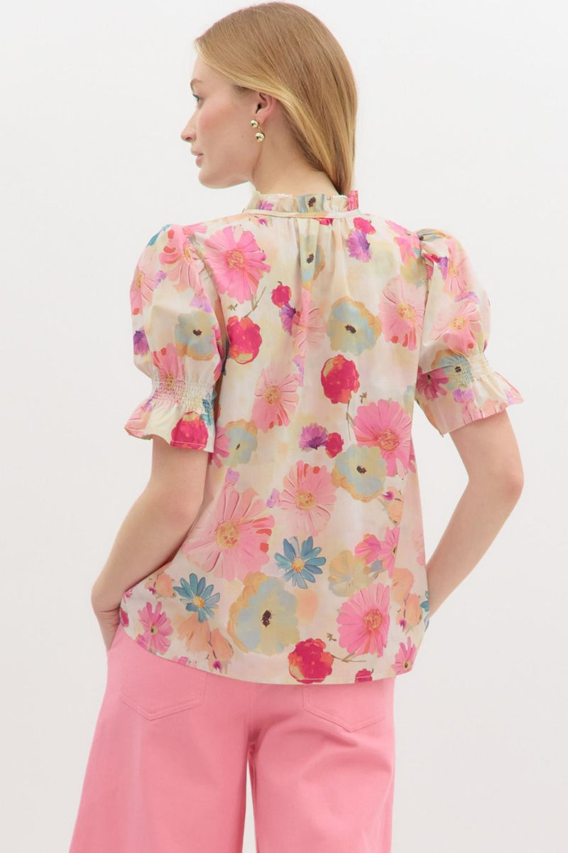 Floral Smocked Short Sleeve Ruffle Top Berry