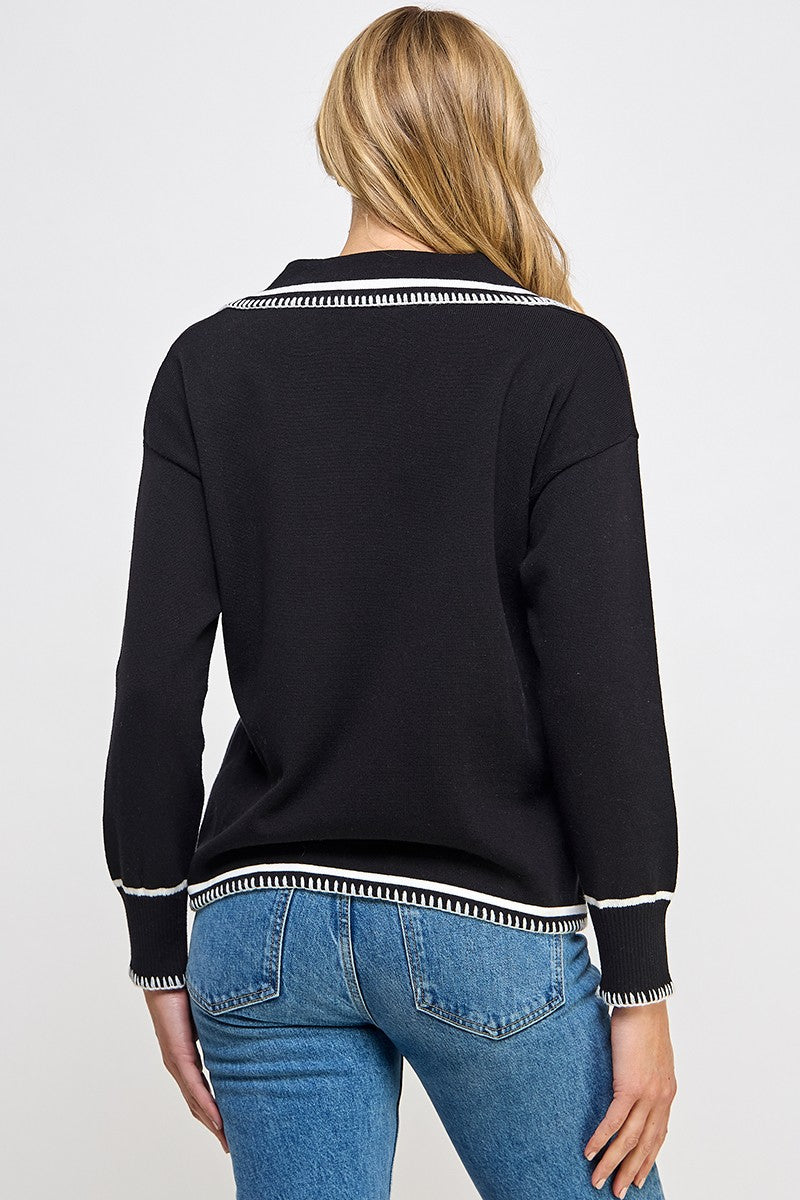 Embroidered Contrast Collared Sweater Black