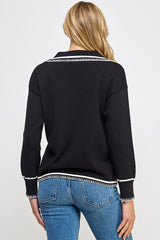 Embroidered Contrast Collared Sweater Black