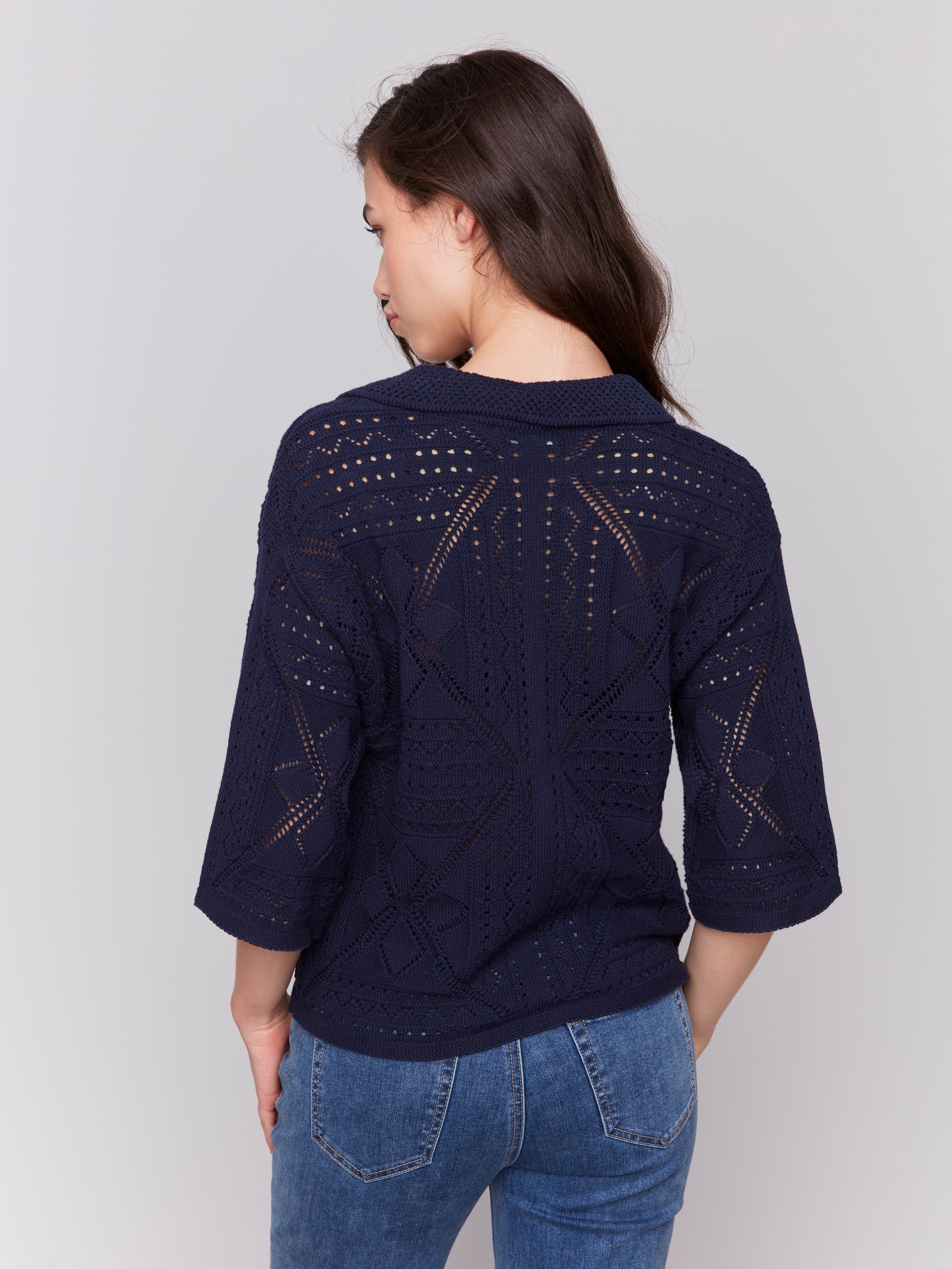 Johnny Collar Pointelle Sweater Top Navy