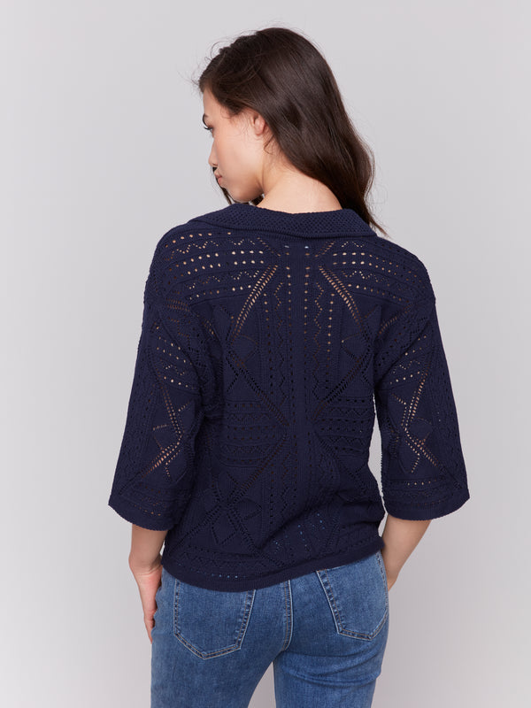 Johnny Collar Pointelle Sweater Top Navy