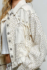 Printed Twill Sweater Contrast Ruffle Jacket Natural
