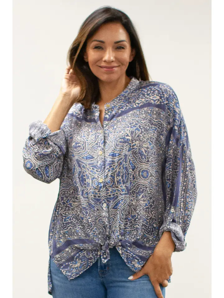 Brenna Tile Print Button Down Blouse Blue