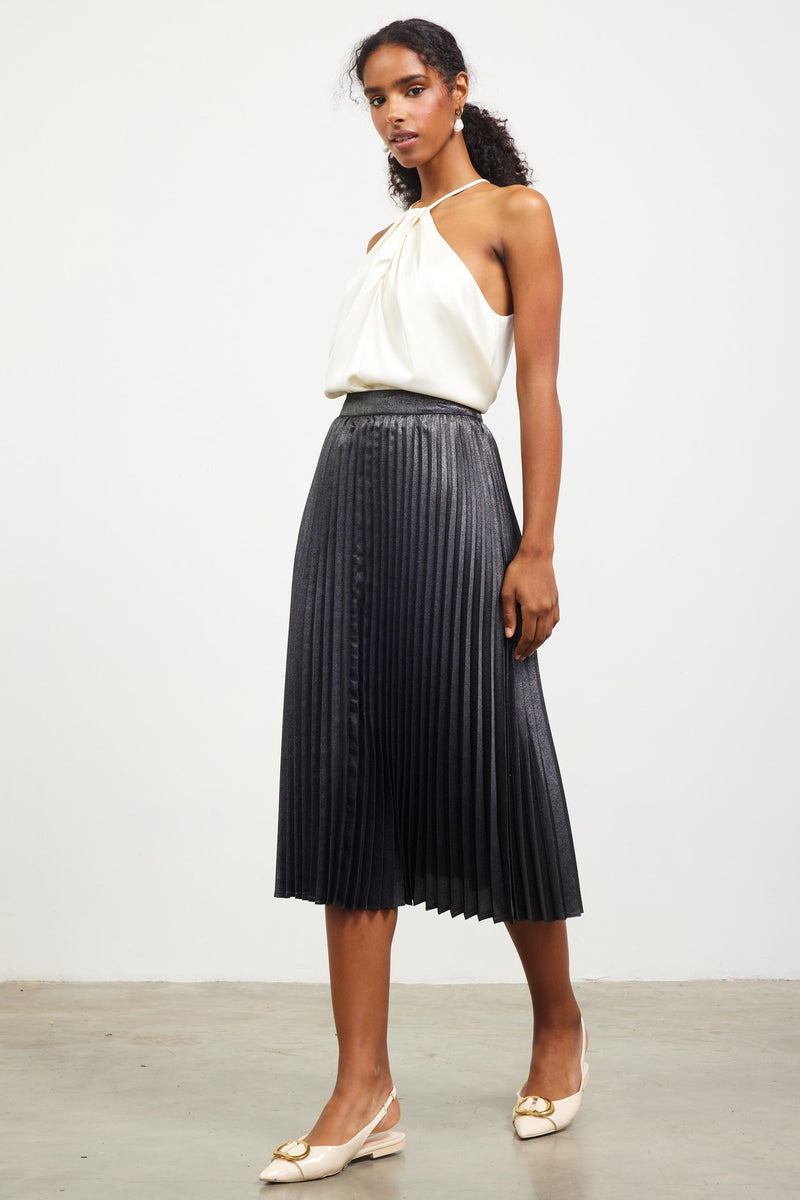 Metallic Pleats Midi Skirt Black