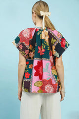 Floral Patch Work Front Tie Lace Trim Top Pink Mix