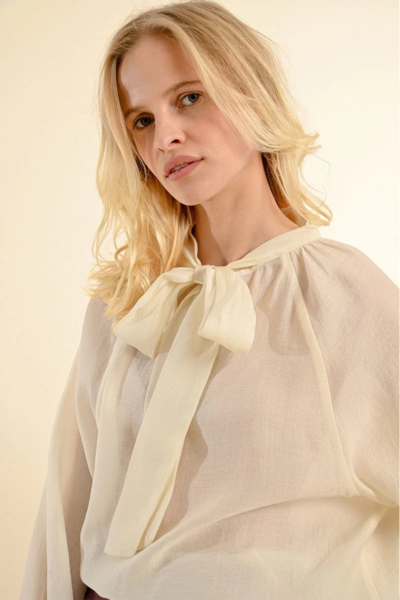 Bishop Sleeve High Neck Bow Back Blouse Off White