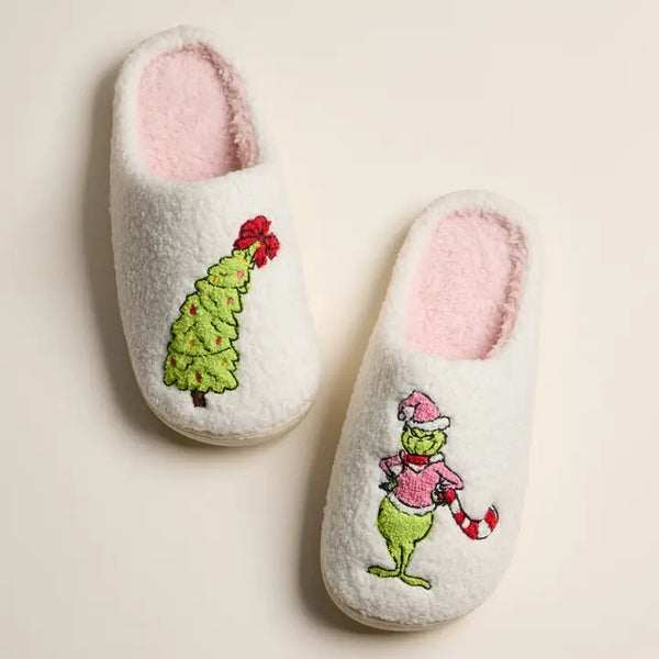 Grinch Christmas Tree Slippers Ivory + Pink