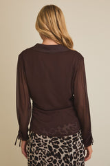 Collared Vneck Tie Wrist Long Sleeve Button Up Chocolate
