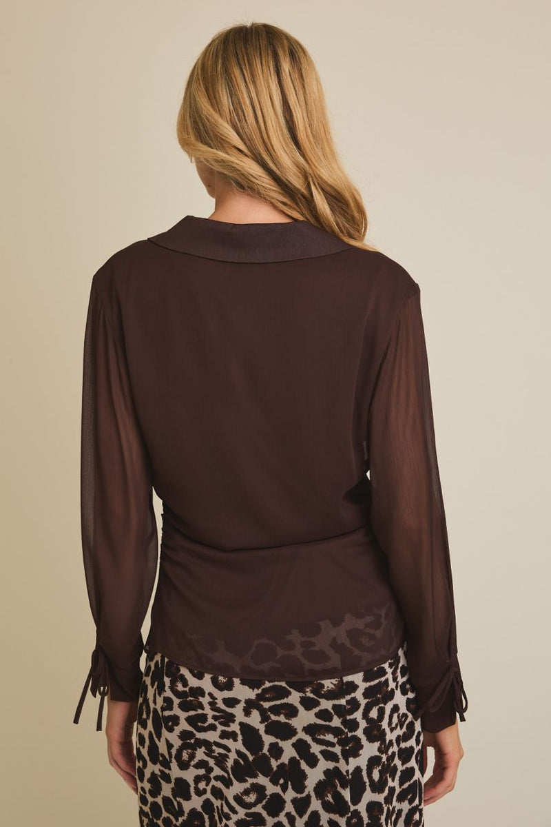 Collared Vneck Tie Wrist Long Sleeve Button Up Chocolate