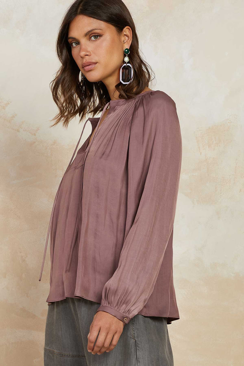 Split Neck Self Tie Satin Long Sleeve Blouse Mauve Brown