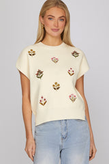 Drop Shoulder Embroidered Short Sleeve Sweater Cream