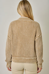 Washed Ribbed Zip Up Sweater Washed Latte