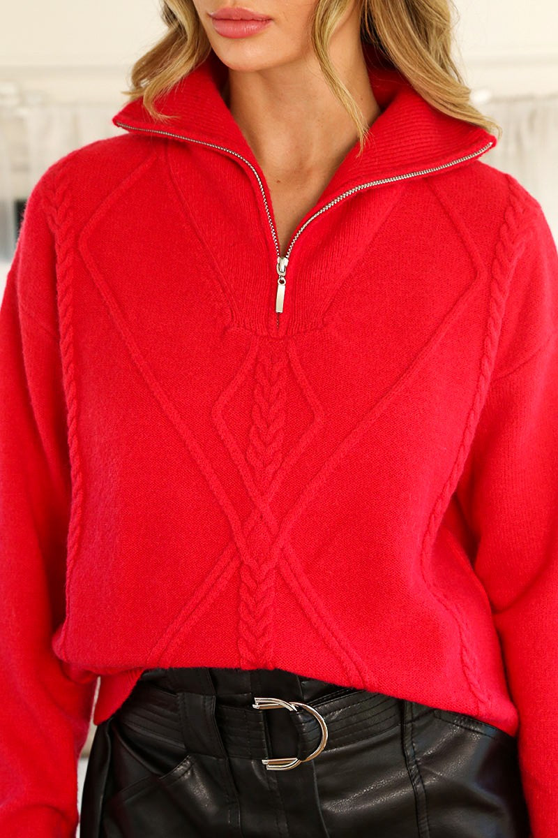 Cable Textured Detail Half Zip Sweater Red