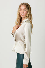 Collared Pleat Button Detail Peplum Satin Blouse Champagne
