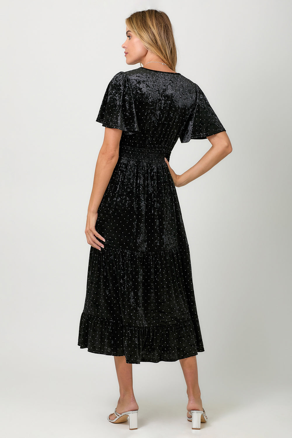 Flutter Sleeve Velvet Crystal Dress Black