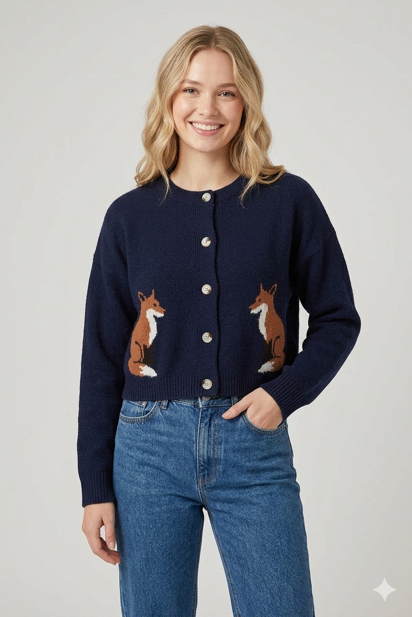 Knit Fox Cardigan Navy