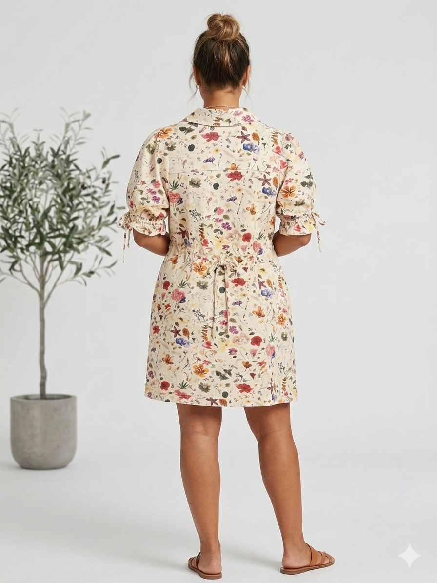 Denim Floral Print Dress Cream/Red