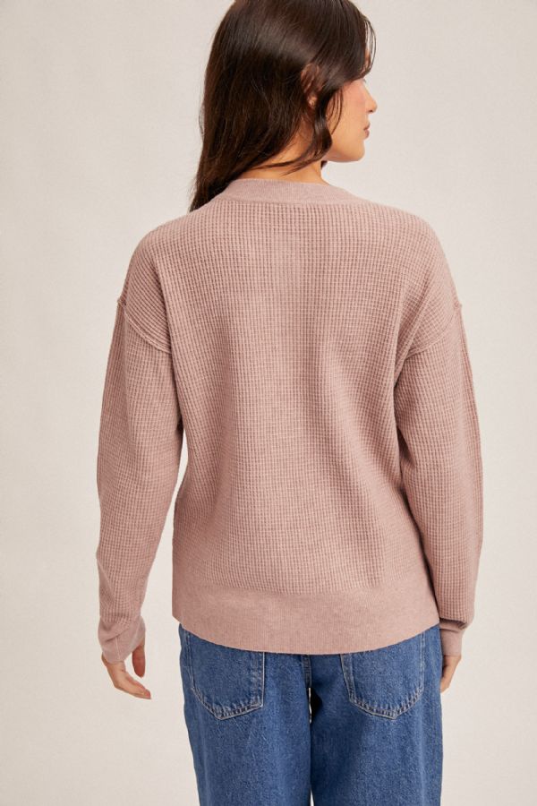 Side Slit Waffle Sweater Button Up Mauve