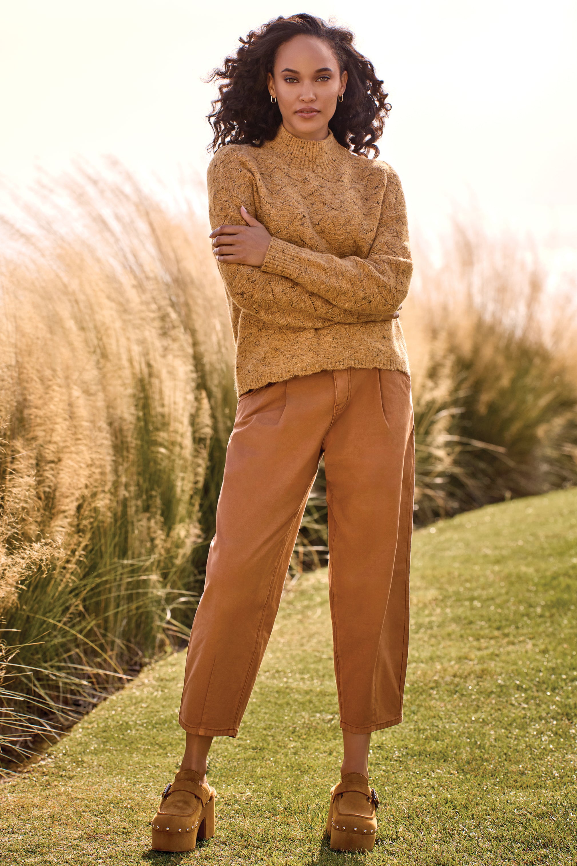 Textured Mock Neck Puff Sleeve Sweater Heather Tumeric